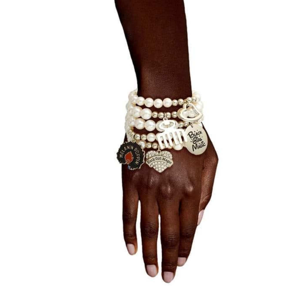 BLACK GIRL MAGIC 5 STRAND CHARM STRETCH BRACELETS
